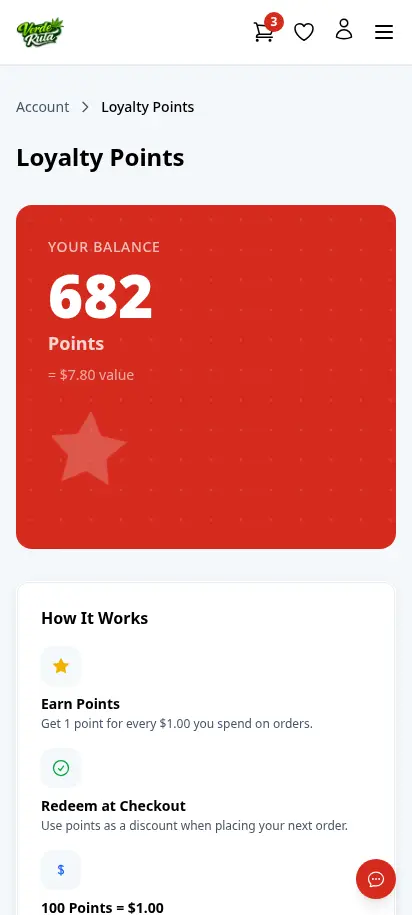 หน้าสะสมแต้มของ DabDash แสดงยอดแต้มและประวัติรางวัล — mobile view