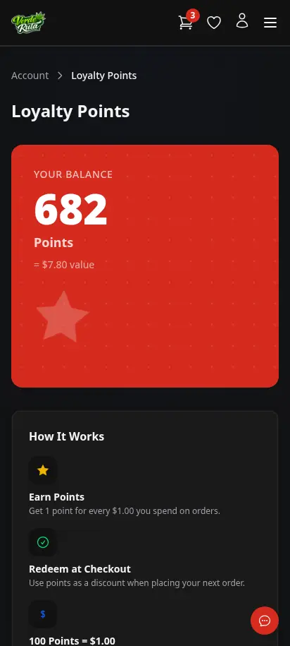 หน้าสะสมแต้มของ DabDash แสดงยอดแต้มและประวัติรางวัล — mobile view