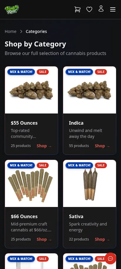 หน้าหมวดสินค้าของร้าน DabDash แสดงจำนวนสินค้าและการ์ดหมวดต่างๆ — mobile view