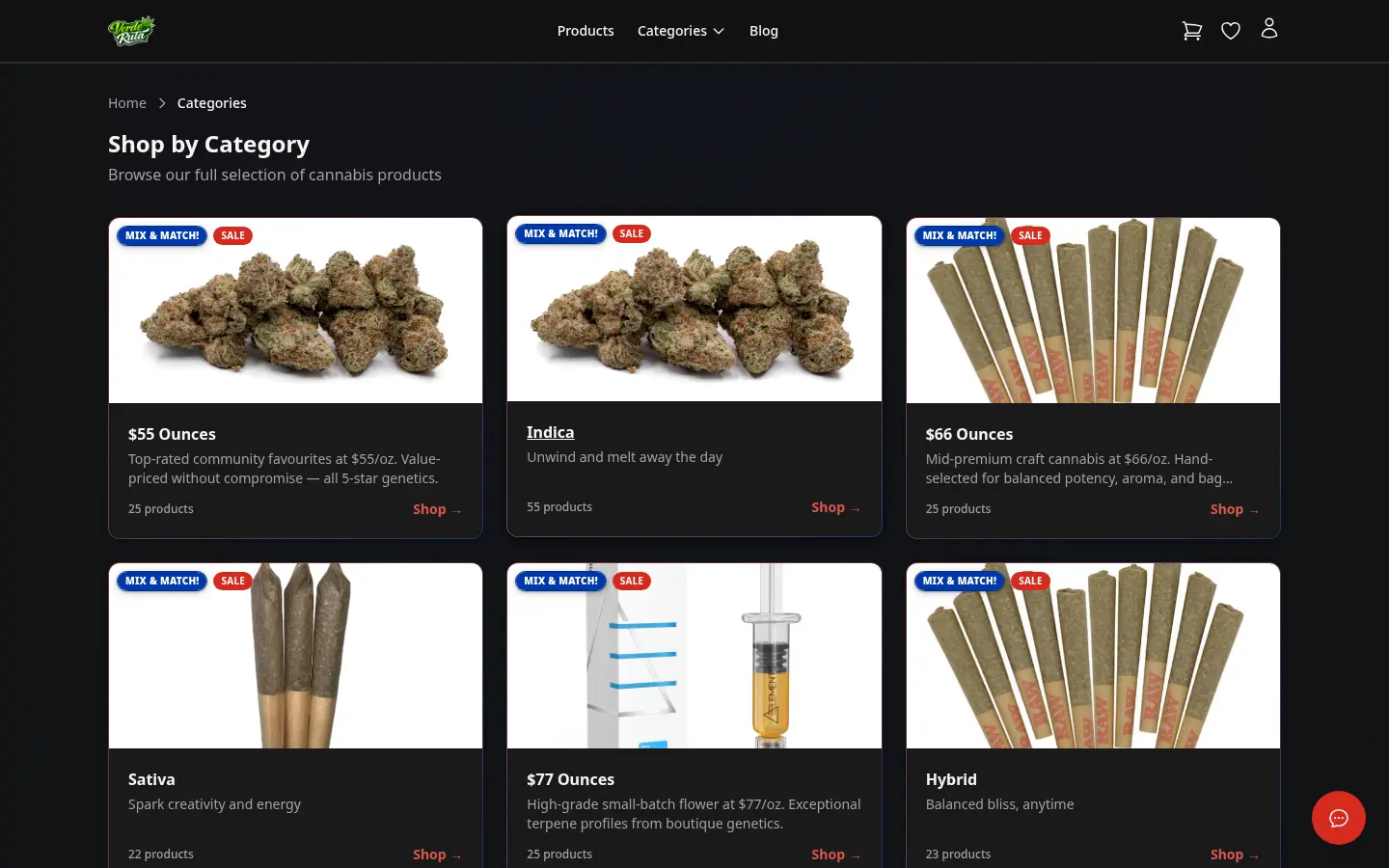 หน้าหมวดสินค้าของร้าน DabDash แสดงจำนวนสินค้าและการ์ดหมวดต่างๆ