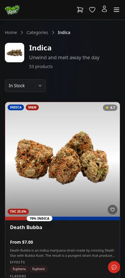 หน้าหมวดดอกของ DabDash แสดงการ์ดสินค้าครบพร้อมราคาและรายละเอียดสายพันธุ์ — mobile view