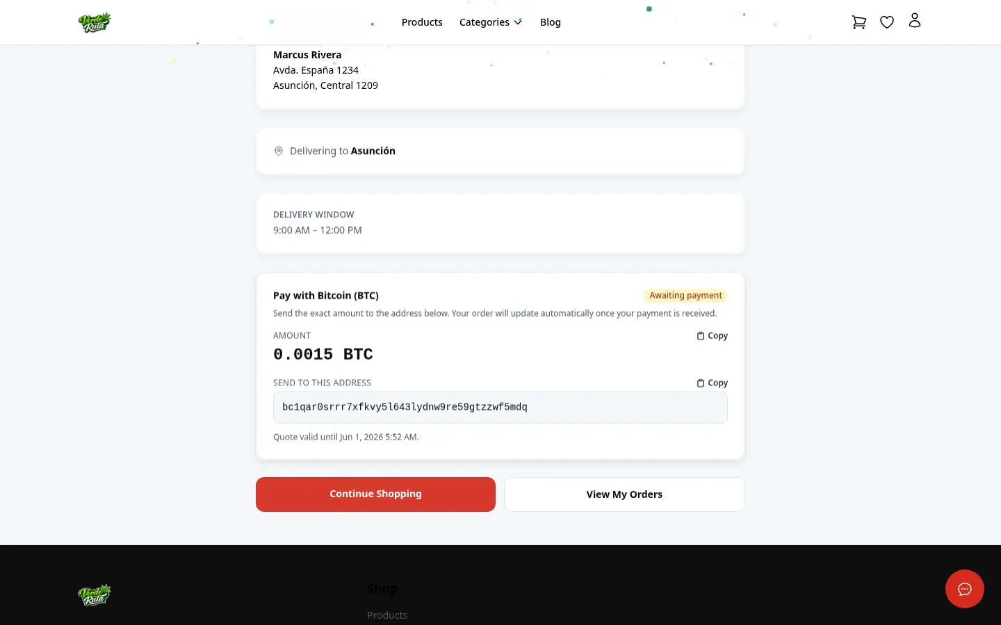 The crypto payment success screen confirming the payment has been received and the order is being prepared