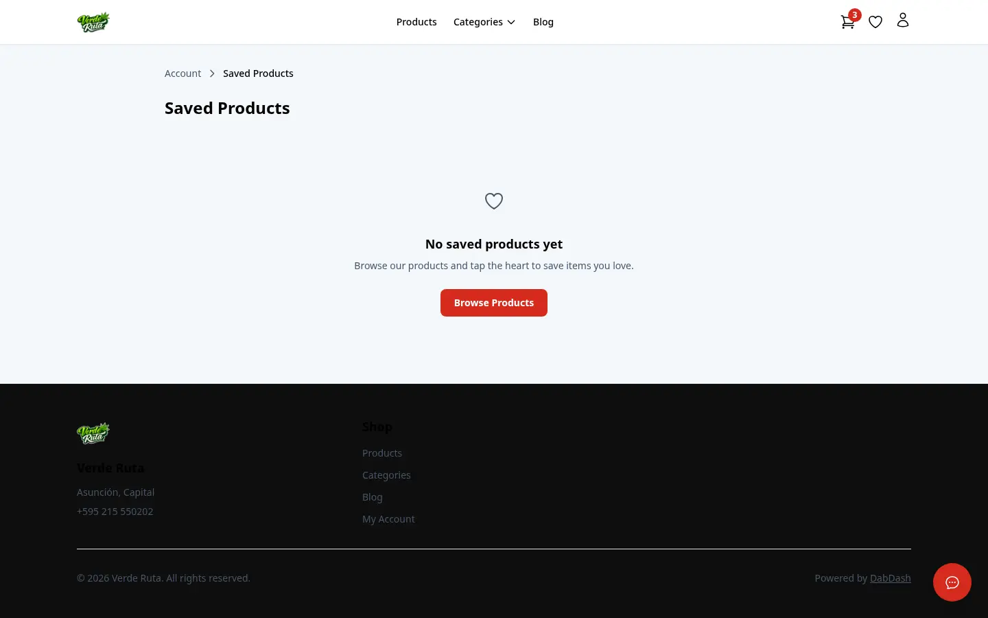 DabDash Saved Products page showing a wishlist of cannabis products with prices, stock status, and add-to-cart buttons