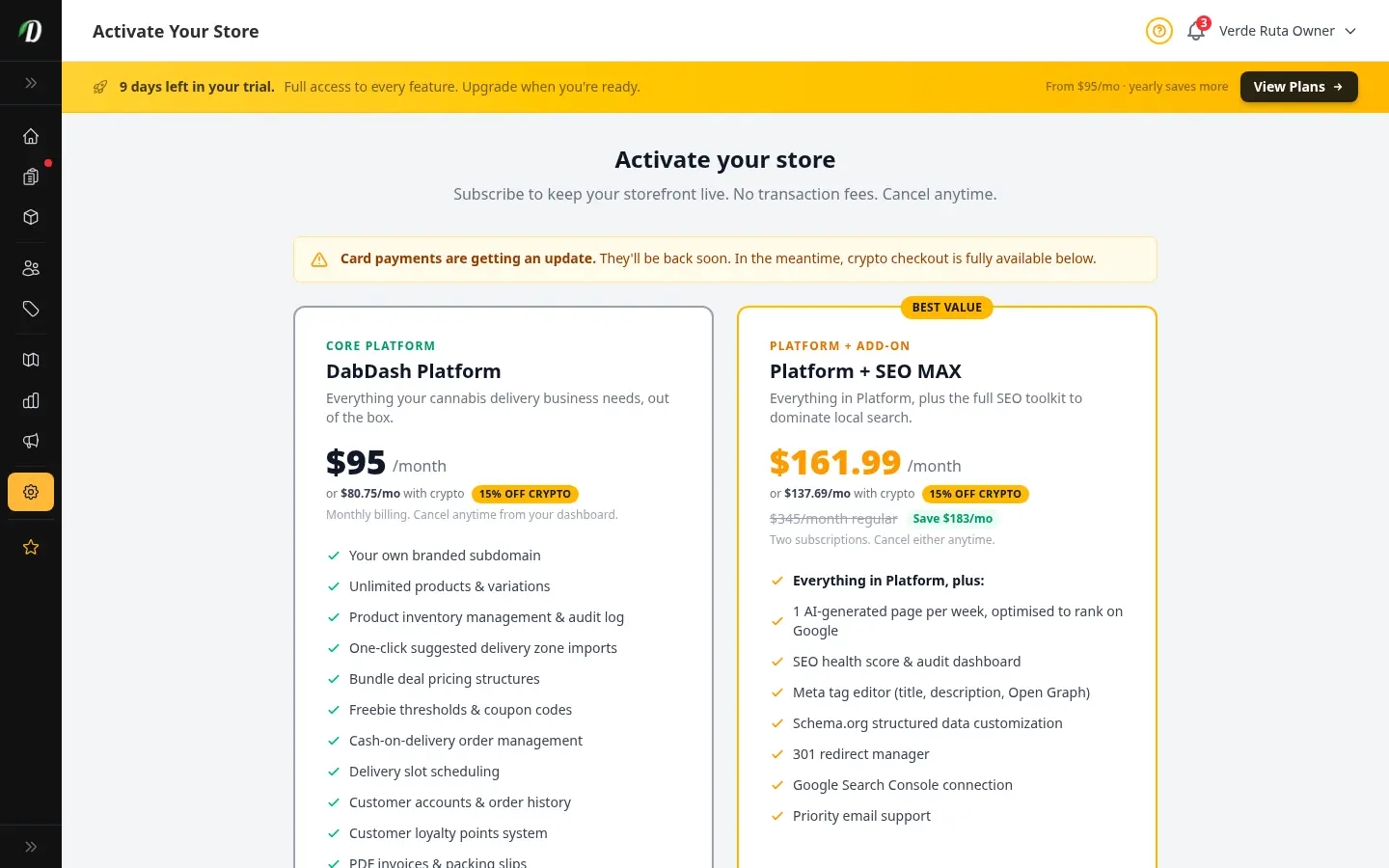 Billing subscribe page with plan cards and checkout buttons
