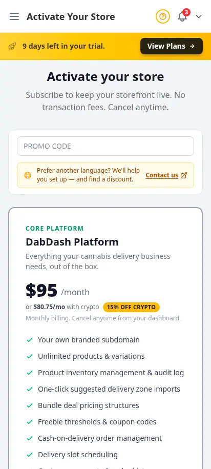 หน้าสมัครสมาชิก DabDash แสดงแพ็ก Platform และ SEO MAX พร้อมตัวเลือกจ่ายบัตรหรือคริปโต — มุมมองมือถือ
