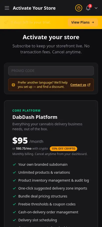 หน้าสมัครสมาชิก DabDash แสดงแพ็ก Platform และ SEO MAX พร้อมตัวเลือกจ่ายบัตรหรือคริปโต — มุมมองมือถือ