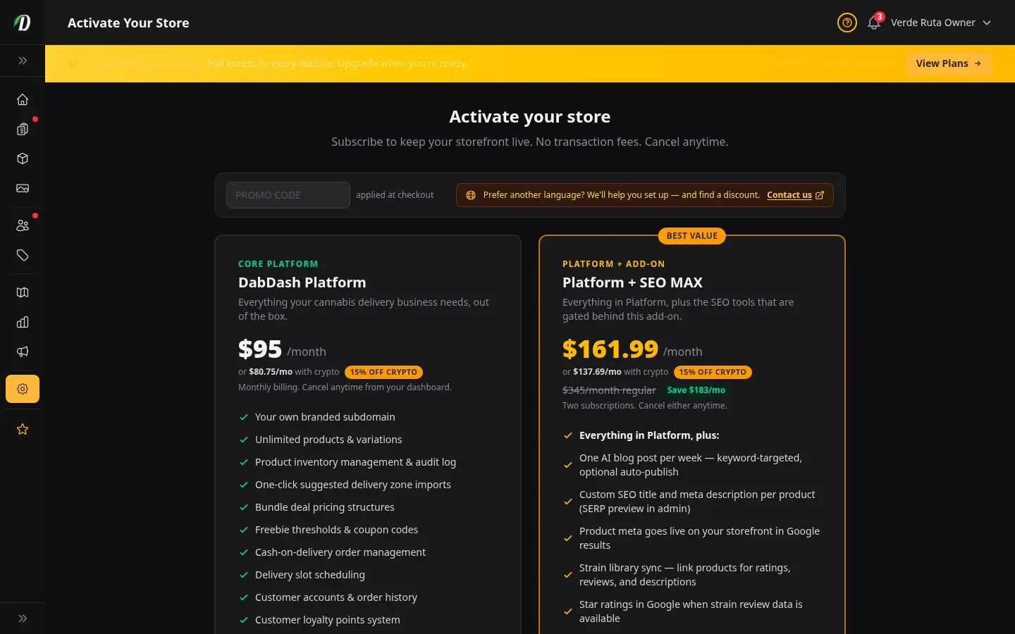 หน้าสมัครสมาชิก DabDash แสดงแพ็ก Platform และ SEO MAX พร้อมตัวเลือกจ่ายบัตรหรือคริปโต