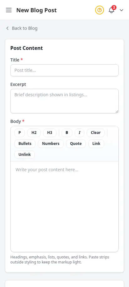 ฟอร์มเพิ่มบล็อก DabDash แสดงหัวข้อ เนื้อหาบทความ และตัวควบคุมการเผยแพร่ — mobile view