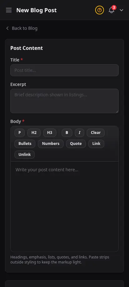 ฟอร์มเพิ่มบล็อก DabDash แสดงหัวข้อ เนื้อหาบทความ และตัวควบคุมการเผยแพร่ — mobile view