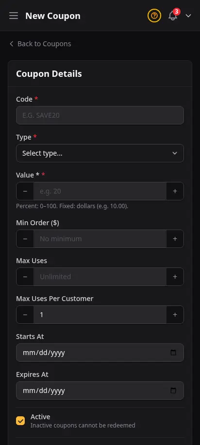 ฟอร์มเพิ่มคูปอง DabDash แสดงโค้ด ชนิดส่วนลด ขีดจำกัด วันที่ และเงื่อนไข — mobile view