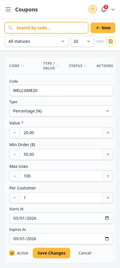 ตัวแก้คูปอง DabDash แสดงการตั้งค่าส่วนลดที่บันทึกไว้ พร้อมอัปเดต — mobile view