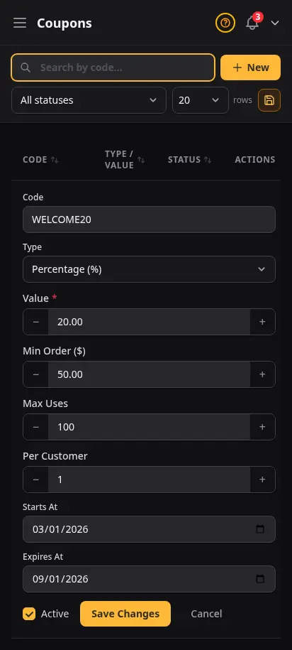 ตัวแก้คูปอง DabDash แสดงการตั้งค่าส่วนลดที่บันทึกไว้ พร้อมอัปเดต — mobile view