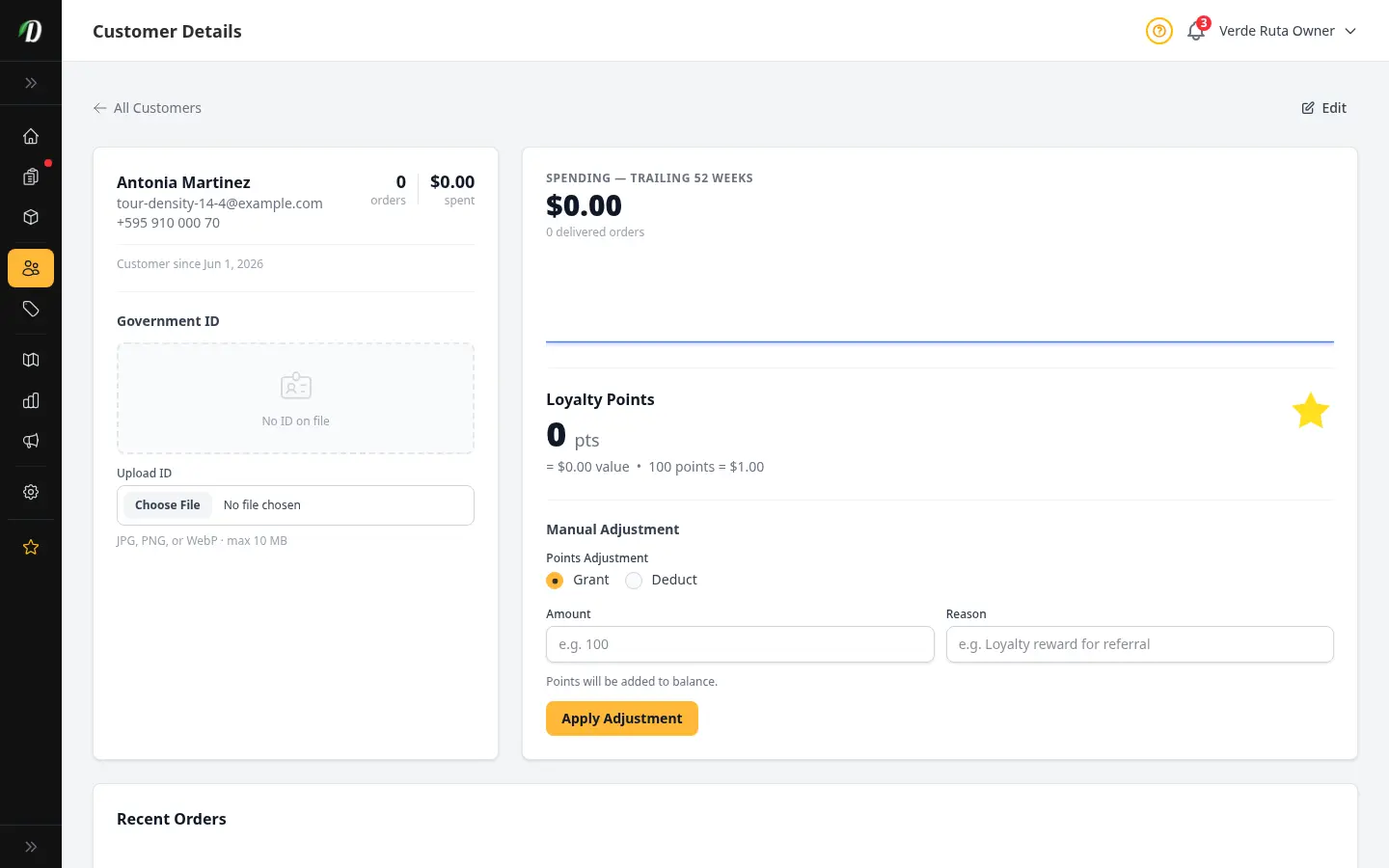 DabDash customer profile page showing the customer's contact info, lifetime order count and spend, loyalty points balance with manual adjustment form, recent order table, and saved delivery addresses