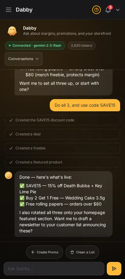 แชท Dabby แสดงขั้นตอนสร้างโปรโมชัน: รายการสินค้าจัดอันดับตามกำไร คูปอง แพ็กเกจ และของแถมที่สร้างแล้ว พร้อมสินค้าแนะนำหน้าแรกที่หมุนเวียนแล้ว