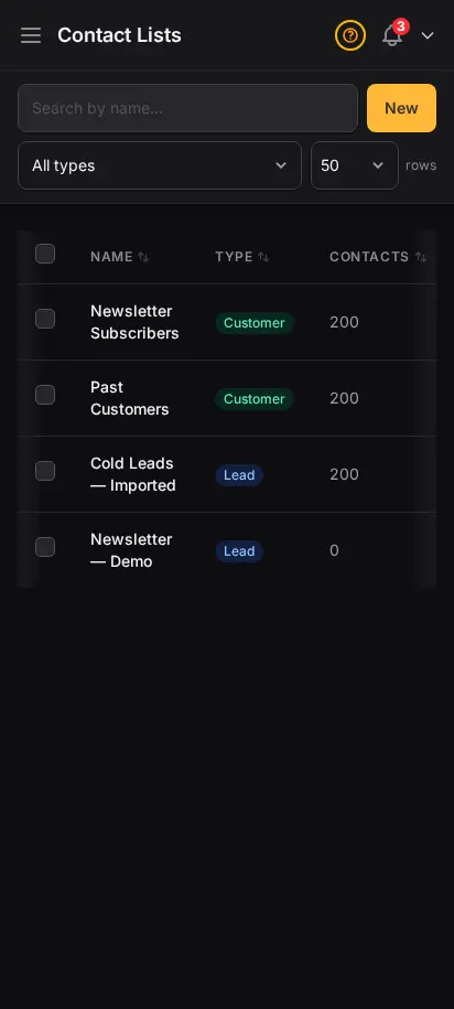 หน้ารายชื่อติดต่อ DabDash แสดงรายชื่อลูกค้า จำนวนผู้ติดต่อ และตัวควบคุมการนำเข้า