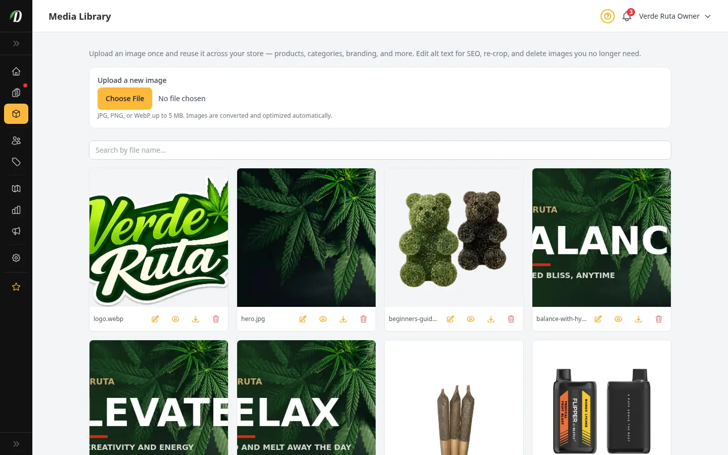 DabDash Media Library showing a grid of reusable store images with an upload panel, search box, and per-image edit, re-crop, download, and delete actions