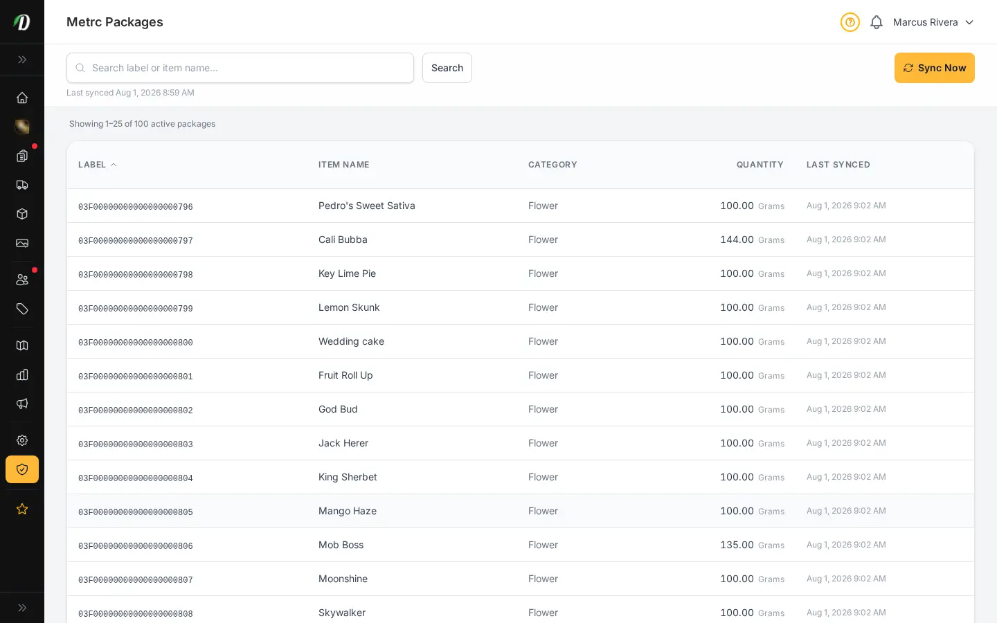 หน้าสต็อก Metrc ของ DabDash แสดงยอดแพ็กเกจของรัฐ เลขแท็ก และจำนวนที่ซิงค์จาก Metrc API