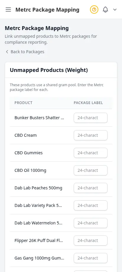 หน้าจับคู่ Metrc ของ DabDash แสดงแพ็กเกจของรัฐที่ผูกกับสินค้า DabDash พร้อมจำนวนและการแปลงหน่วย — mobile view