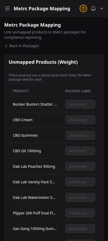 หน้าจับคู่ Metrc ของ DabDash แสดงแพ็กเกจของรัฐที่ผูกกับสินค้า DabDash พร้อมจำนวนและการแปลงหน่วย — mobile view