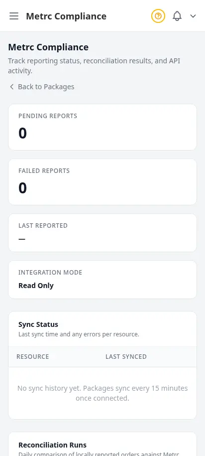 หน้าปฏิบัติตามกฎ Metrc ของ DabDash แสดงสถานะการซิงค์ รอบกระทบยอด และกิจกรรม API ล่าสุดสำหรับตรวจสอบของรัฐ — mobile view