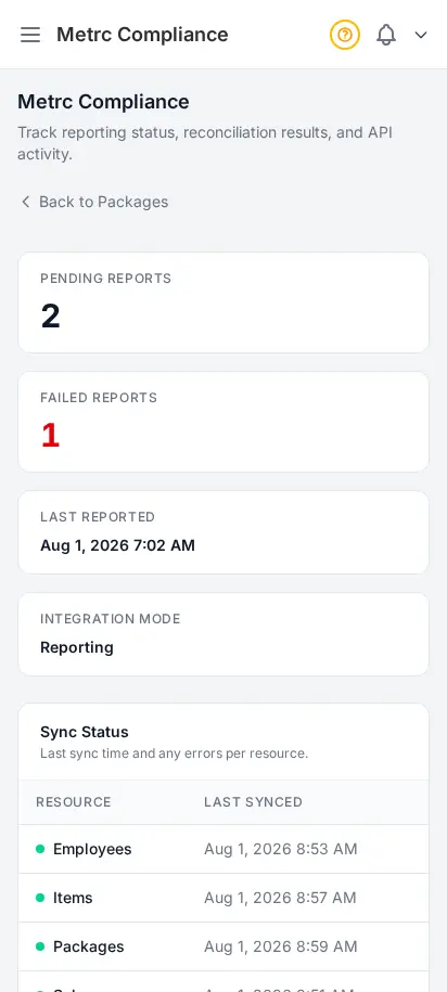 หน้าปฏิบัติตามกฎ Metrc ของ DabDash แสดงสถานะการซิงค์ รอบกระทบยอด และกิจกรรม API ล่าสุดสำหรับตรวจสอบของรัฐ — มุมมองมือถือ