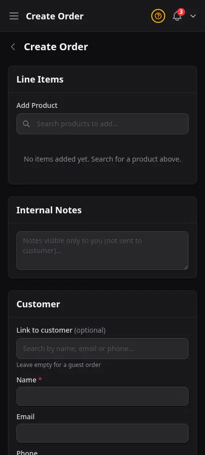 หน้าสร้างออเดอร์ DabDash แสดงลูกค้า ที่อยู่ สินค้า และตัวควบคุมการส่ง — mobile view