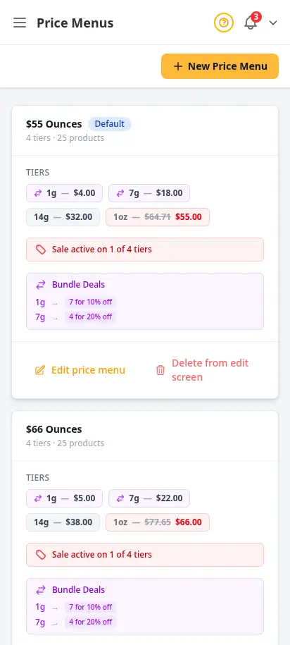หน้าเมนูราคา DabDash แสดงเมนูที่บันทึกไว้พร้อมระดับน้ำหนัก จำนวนสินค้าที่ผูก และสถานะการใช้งาน — mobile view