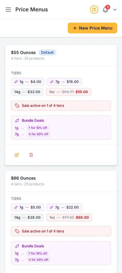 หน้าเมนูราคา DabDash แสดงเมนูที่บันทึกไว้พร้อมระดับน้ำหนัก จำนวนสินค้าที่ผูก และสถานะการใช้งาน — มุมมองมือถือ