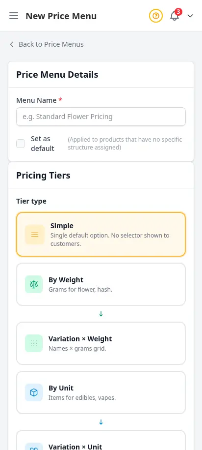 ฟอร์มเมนูราคาใหม่ DabDash แสดงชื่อเมนู แถวระดับน้ำหนัก และช่องราคาและต้นทุนแต่ละระดับ — mobile view