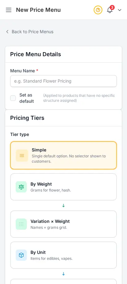 ฟอร์มเมนูราคาใหม่ DabDash แสดงชื่อเมนู แถวระดับน้ำหนัก และช่องราคาและต้นทุนแต่ละระดับ — มุมมองมือถือ