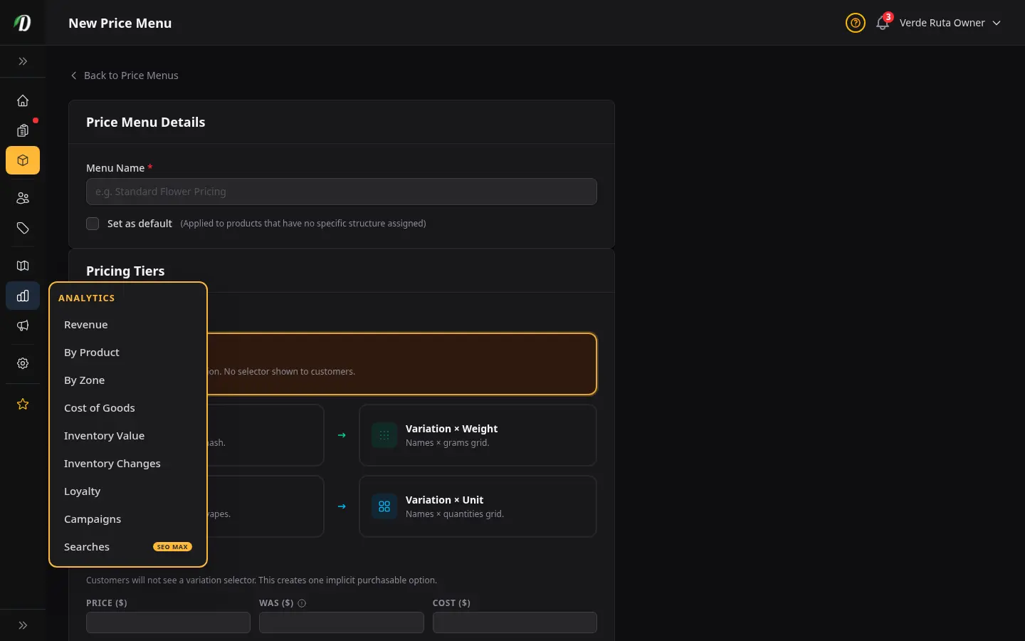 ฟอร์มเมนูราคาใหม่ DabDash แสดงชื่อเมนู แถวระดับน้ำหนัก และช่องราคาและต้นทุนแต่ละระดับ