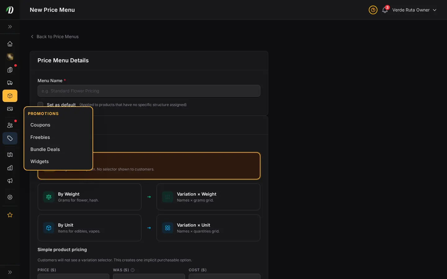 ฟอร์มเมนูราคาใหม่ DabDash แสดงชื่อเมนู แถวระดับน้ำหนัก และช่องราคาและต้นทุนแต่ละระดับ