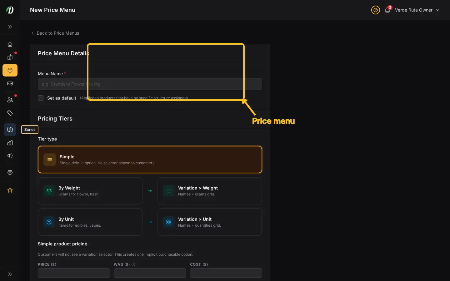 ฟอร์มเมนูราคาใหม่ DabDash แสดงชื่อเมนู แถวระดับน้ำหนัก และช่องราคาและต้นทุนแต่ละระดับ