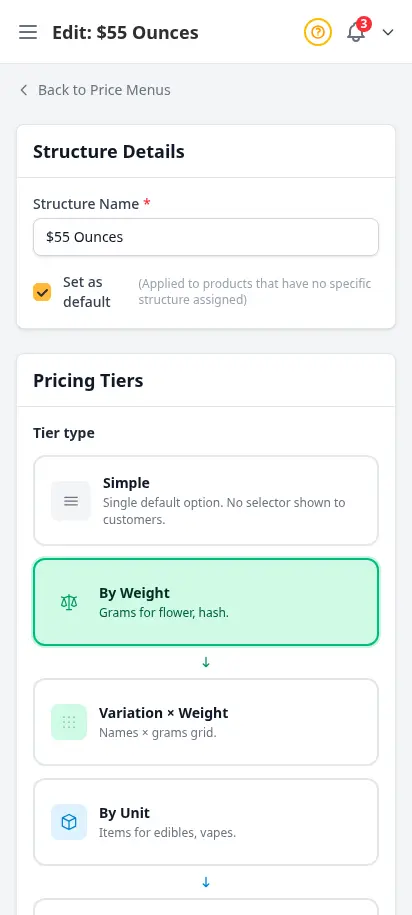 ตัวแก้เมนูราคา DabDash แสดงระดับน้ำหนัก ราคา ต้นทุน และรายการสินค้าที่ผูกไว้ — mobile view