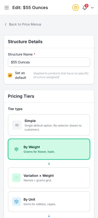 ตัวแก้เมนูราคา DabDash แสดงระดับน้ำหนัก ราคา ต้นทุน และรายการสินค้าที่ผูกไว้ — มุมมองมือถือ