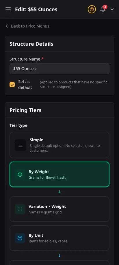 ตัวแก้เมนูราคา DabDash แสดงระดับน้ำหนัก ราคา ต้นทุน และรายการสินค้าที่ผูกไว้ — mobile view
