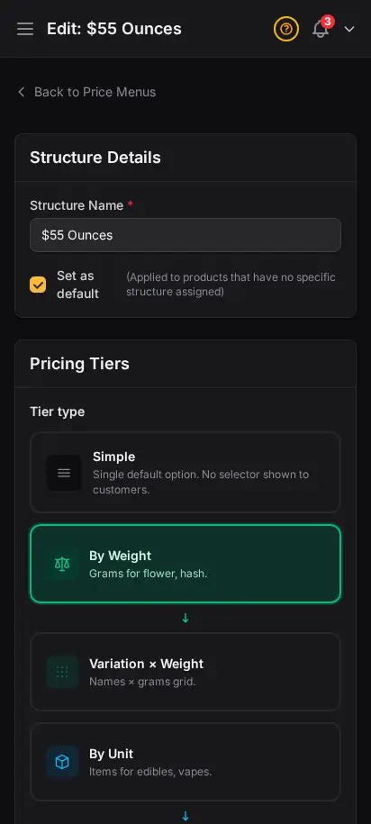 ตัวแก้เมนูราคา DabDash แสดงระดับน้ำหนัก ราคา ต้นทุน และรายการสินค้าที่ผูกไว้ — มุมมองมือถือ