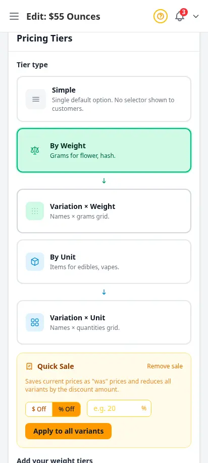 ฟอร์มเมนูราคาแบบน้ำหนัก DabDash แสดงระดับเป็นกรัมพร้อมราคา ต้นทุน และป้ายชื่อที่แก้ได้ — mobile view