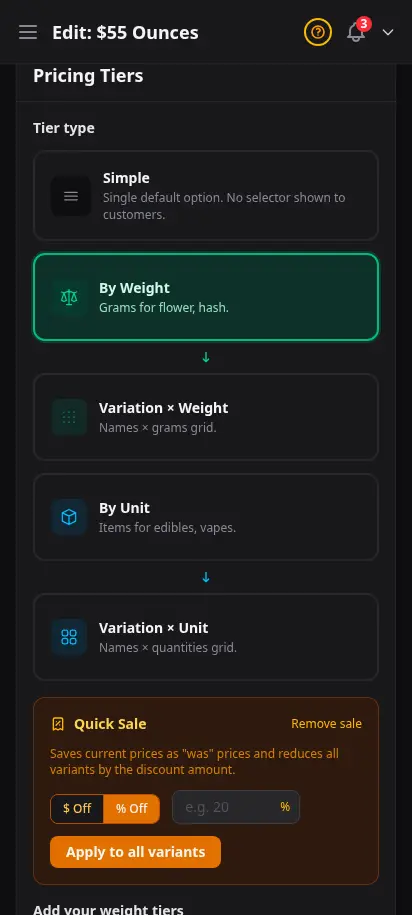 ฟอร์มเมนูราคาแบบน้ำหนัก DabDash แสดงระดับเป็นกรัมพร้อมราคา ต้นทุน และป้ายชื่อที่แก้ได้ — mobile view