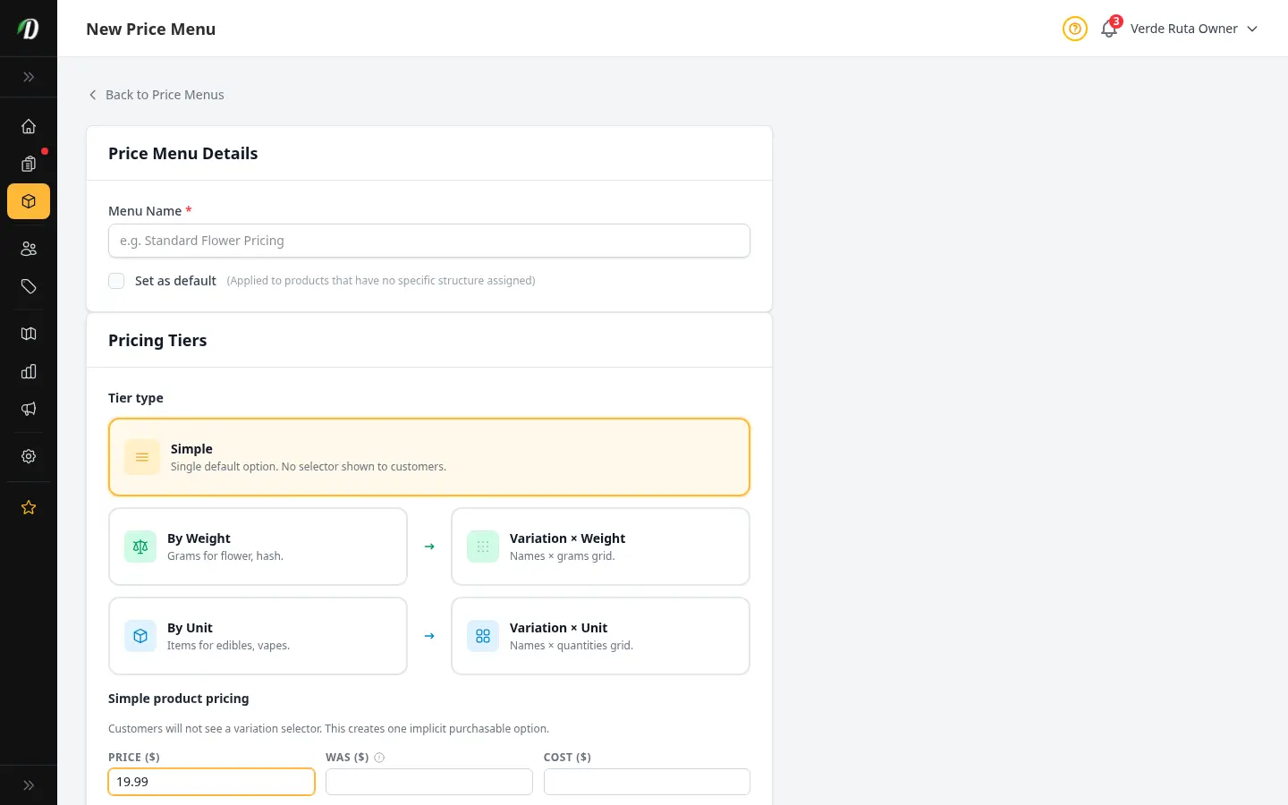 Simple tier type showing a single price and cost field with no variation selector
