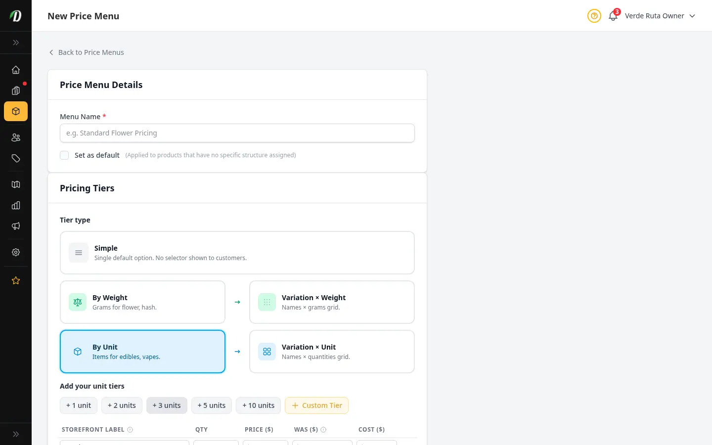 By Unit tier type showing unit quantity buttons and per-row cost fields