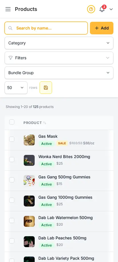 หน้าสินค้า DabDash แสดงแคตตาล็อกสินค้าครบครันพร้อมรูป ชนิดสายพันธุ์ ราคา และสถานะที่ใช้งานอยู่ — มุมมองมือถือ
