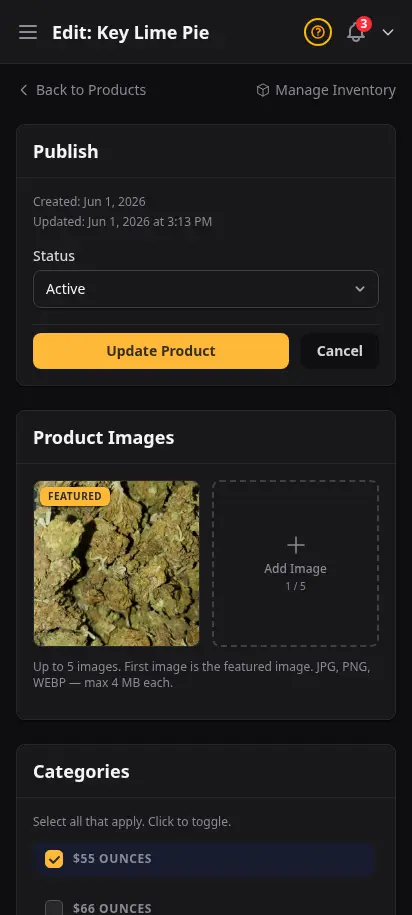 ตัวแก้สินค้า DabDash แสดงรูปที่อัปโหลด หมวดหมู่ และสินค้าที่พร้อมเผยแพร่ — mobile view