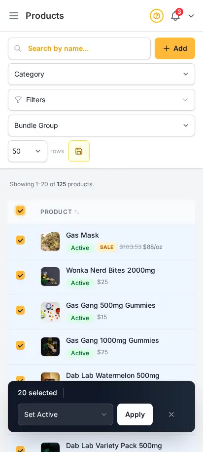 รายการสินค้า DabDash แสดงตัวควบคุมการเลือกทีละหลายรายการ สำหรับเปิดใช้ เก็บเข้าคลัง และแก้หลายรายการพร้อมกัน — มุมมองมือถือ