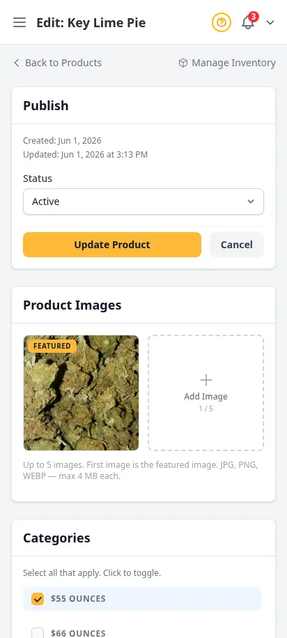 ตัวแก้สินค้า DabDash แสดงเมนูราคาที่ผูกกับแบบสินค้าที่บันทึกไว้ — mobile view