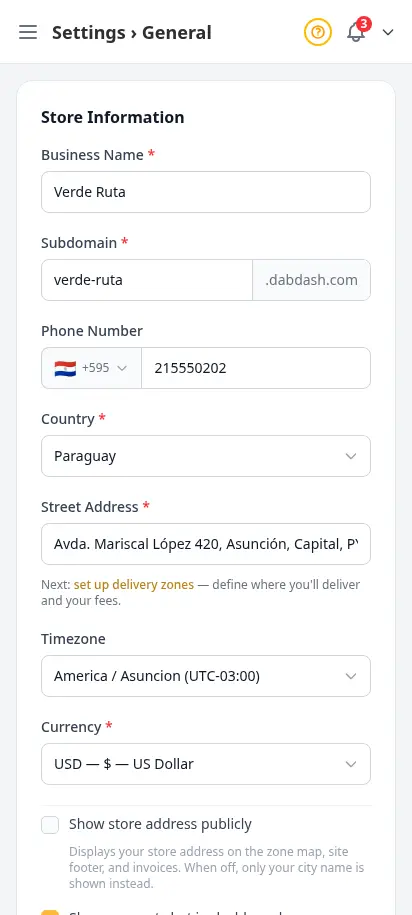 ตั้งค่าทั่วไป DabDash แสดงชื่อร้าน ที่อยู่ เบอร์โทร และข้อมูลหลักของร้าน