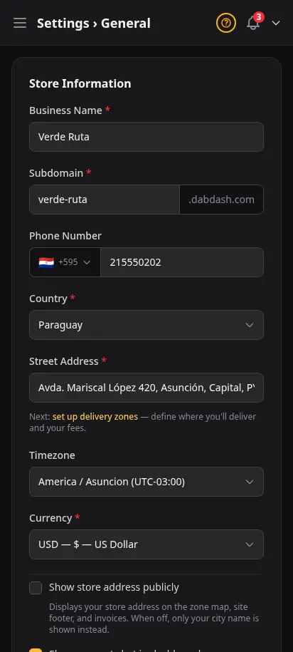 ตั้งค่าทั่วไป DabDash แสดงชื่อร้าน ที่อยู่ เบอร์โทร และข้อมูลหลักของร้าน