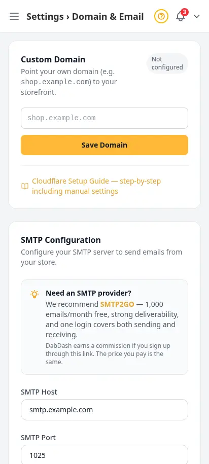 ตั้งค่าโดเมน DabDash แสดงการตั้งค่าโดเมนของตัวเองและรายละเอียดการยืนยัน DNS — mobile view