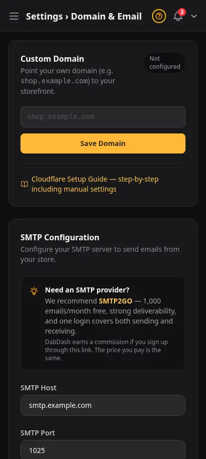 ตั้งค่าโดเมน DabDash แสดงการตั้งค่าโดเมนของตัวเองและรายละเอียดการยืนยัน DNS — mobile view