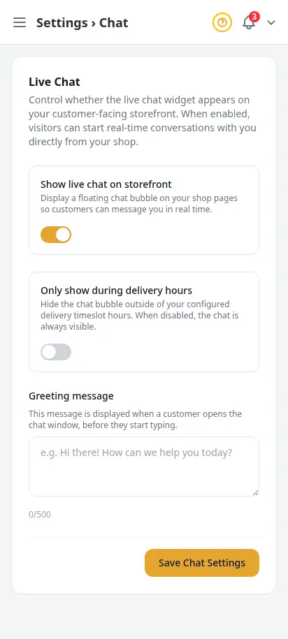 ตั้งค่าแชทสด DabDash แสดงข้อความทักทาย เวลาทำการ และตัวควบคุมการเปิดใช้ — mobile view